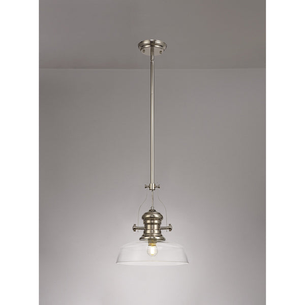 Fremington E27 Polished Nickel Pendant With Flat Round Glass Shade