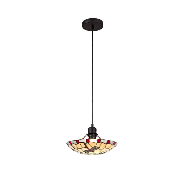 Prawle Pendant E27 Light With Tiffany Shade In Red Cream Clear Crystal Black