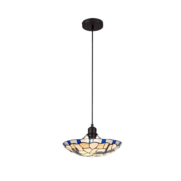 Prawle Pendant E27 Light With Tiffany Shade in Blue Cream Clear Crystal Black