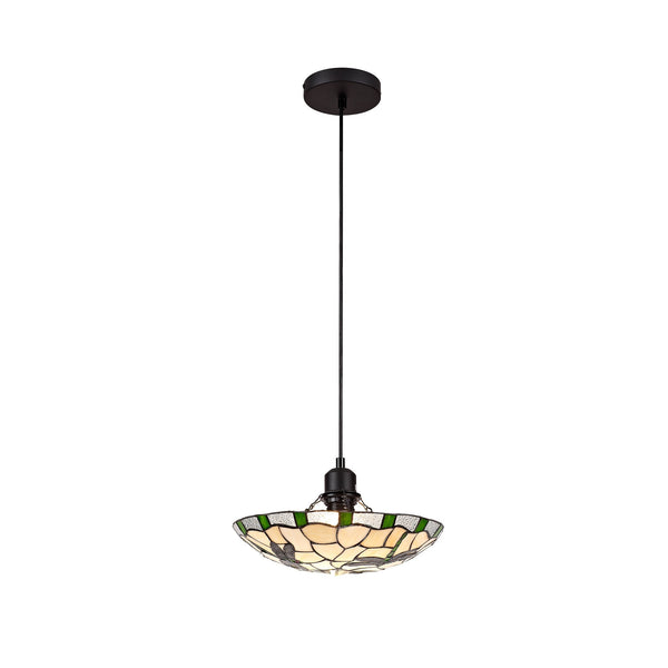 Prawle Pendant E27 Light With Tiffany Shade in Green Cream Clear Crystal Black