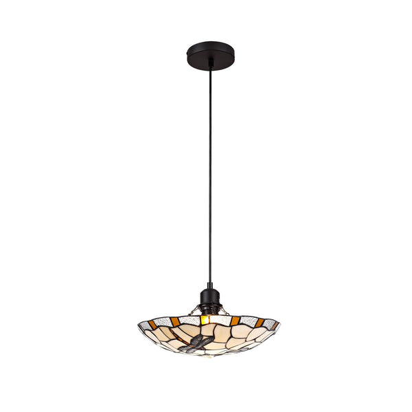 Prawle Pendant E27 Light With Tiffany Shade in Amber Cream Clear Crystal Black