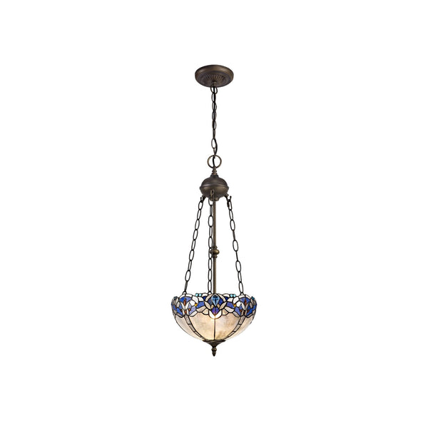 Hanging Tiffany-style pendant light with a white and blue stained-glass shade.