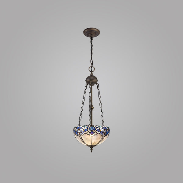 Hanging Tiffany-style pendant light with a white and blue stained-glass shade.