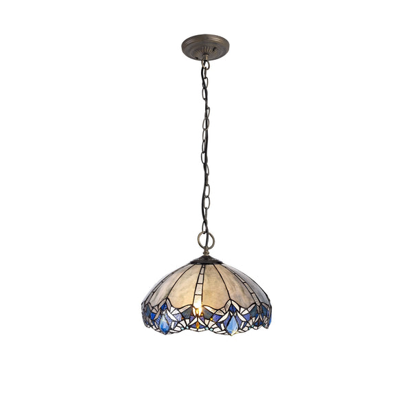 A Tiffany-style pendant light, with a blue and white patterned shade, hangs on a white background.