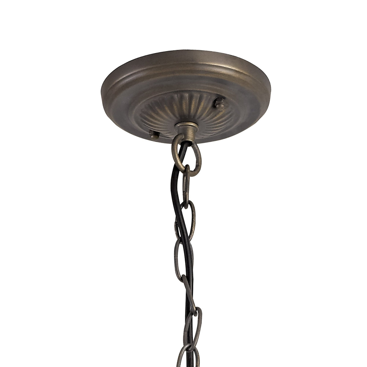 The bronze ceiling rose and chain component of the Tiffany-style pendant light.