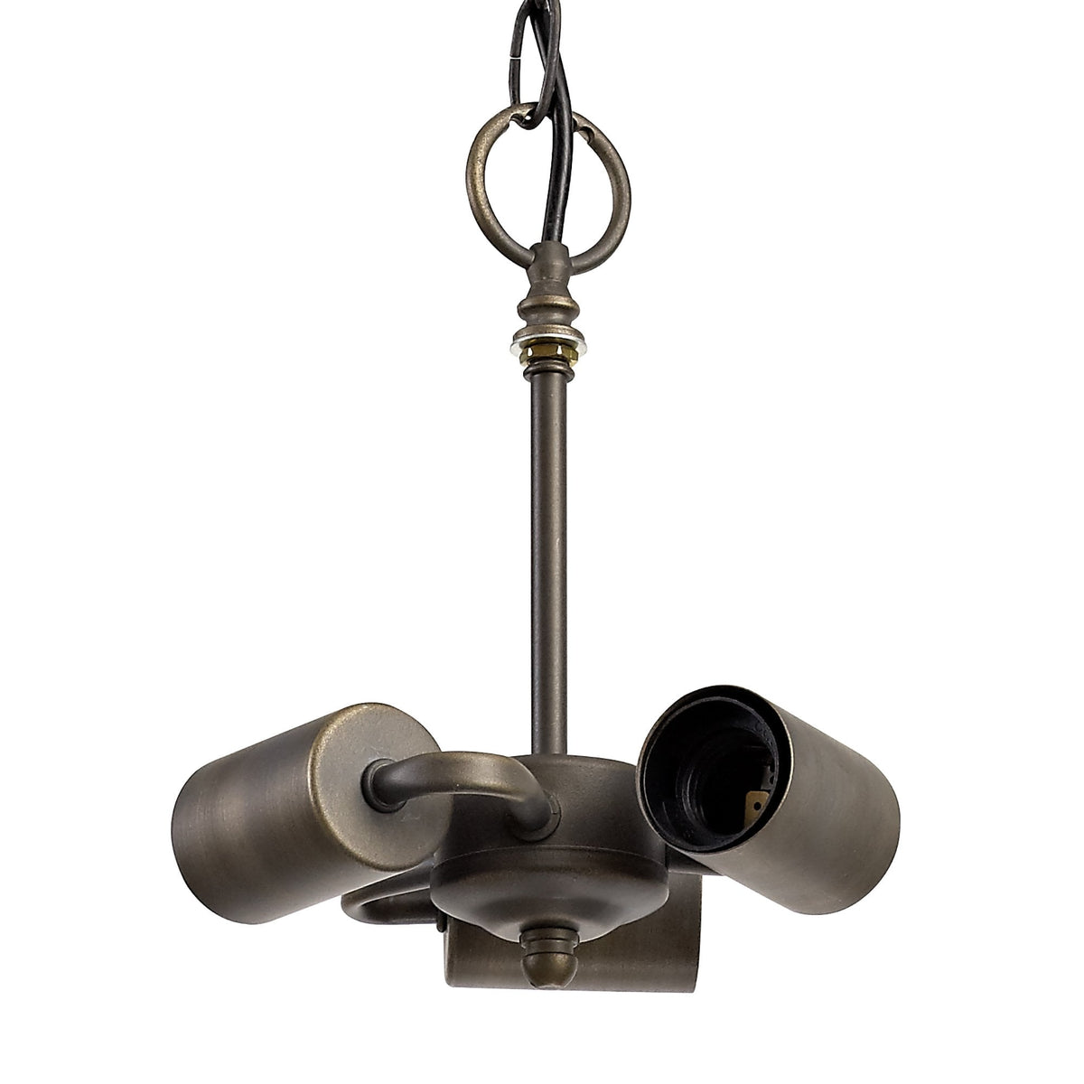 The internal fixture of the Tiffany-style pendant light, showing three bulb holders.