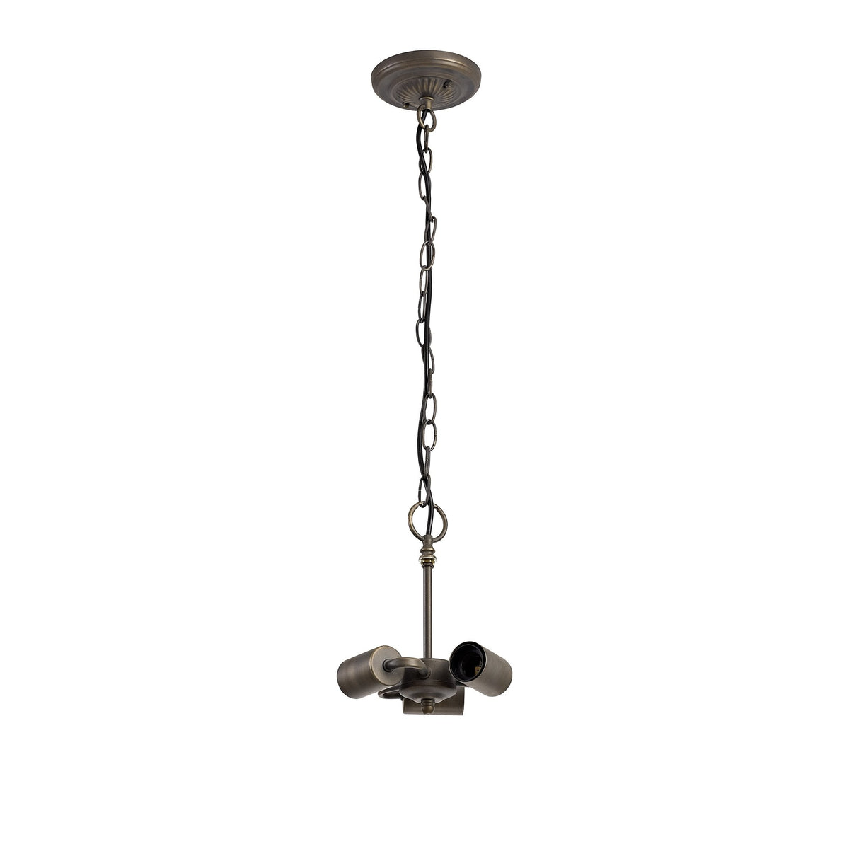The complete internal structure of the pendant light, including the chain and bulb holders.