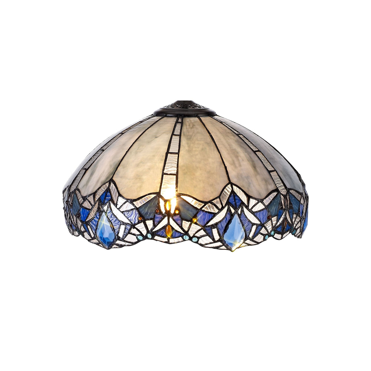A close-up of the Tiffany-style pendant light shade, featuring blue and white glass.
