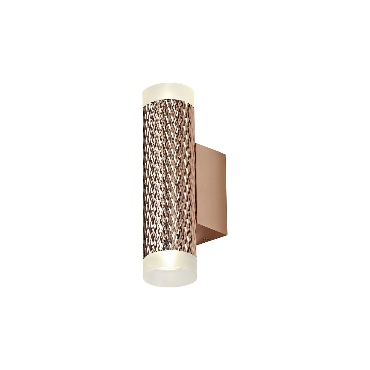A rose gold textured wall light with both ends glowing brightly.