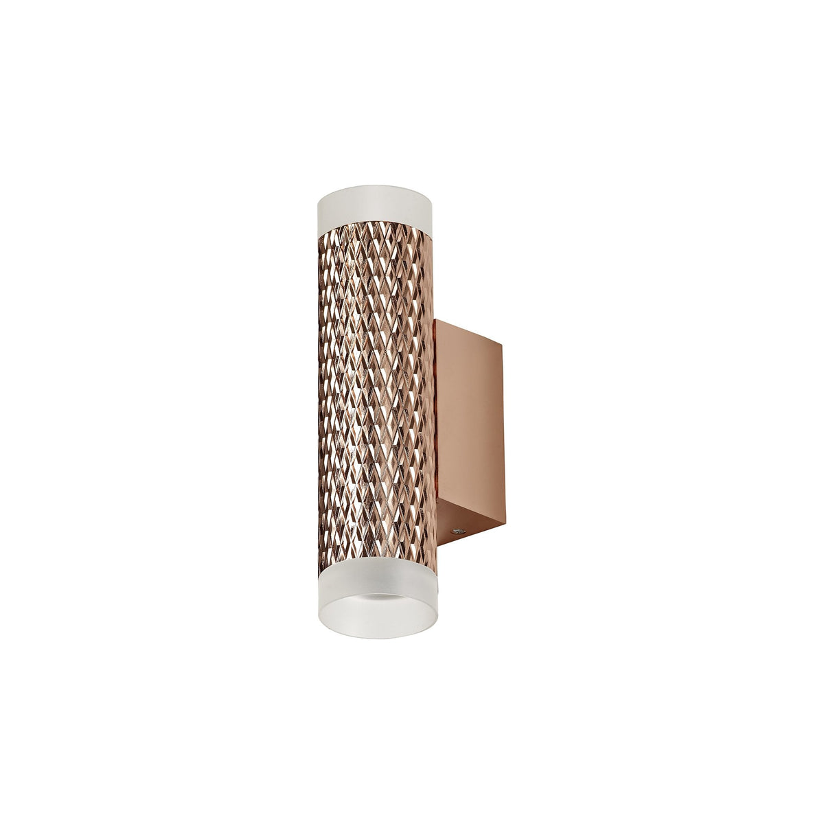 A close-up of a rose gold textured wall light with a white background.