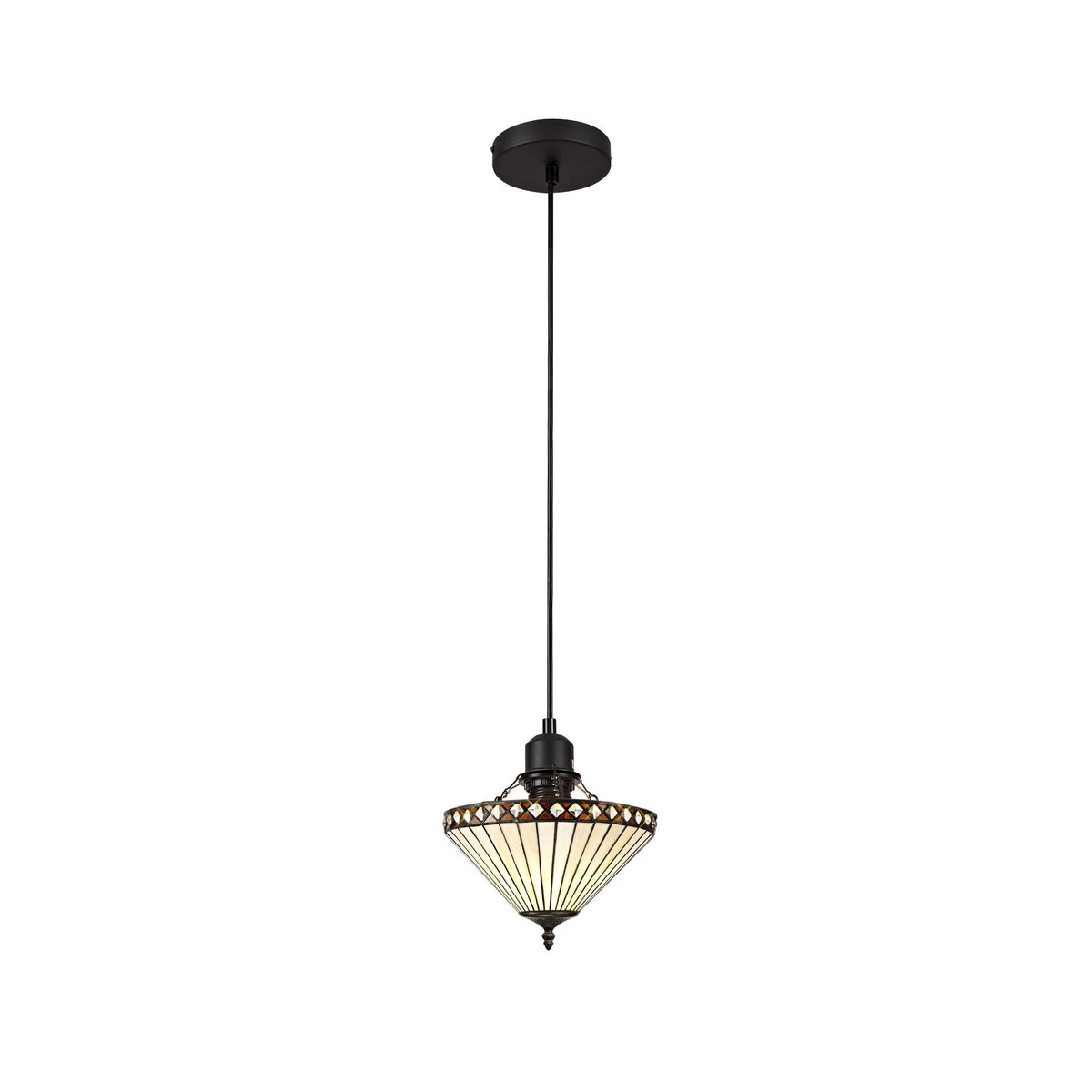 A Tiffany-style pendant light with a ribbed glass shade and bronze accents, hanging from a ceiling rose.