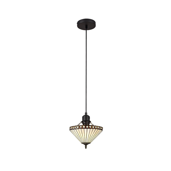 A Tiffany-style pendant light with a ribbed glass shade and bronze accents, hanging from a ceiling rose.