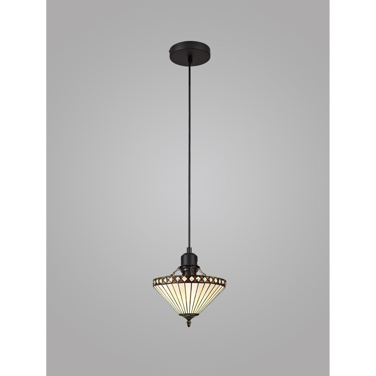 A ribbed glass Tiffany-style pendant light with bronze details, on a dark grey background.