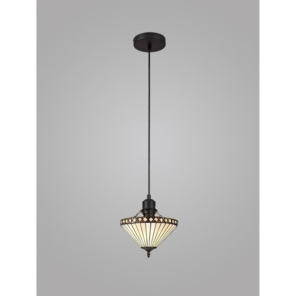 A ribbed glass Tiffany-style pendant light with bronze details, on a dark grey background.