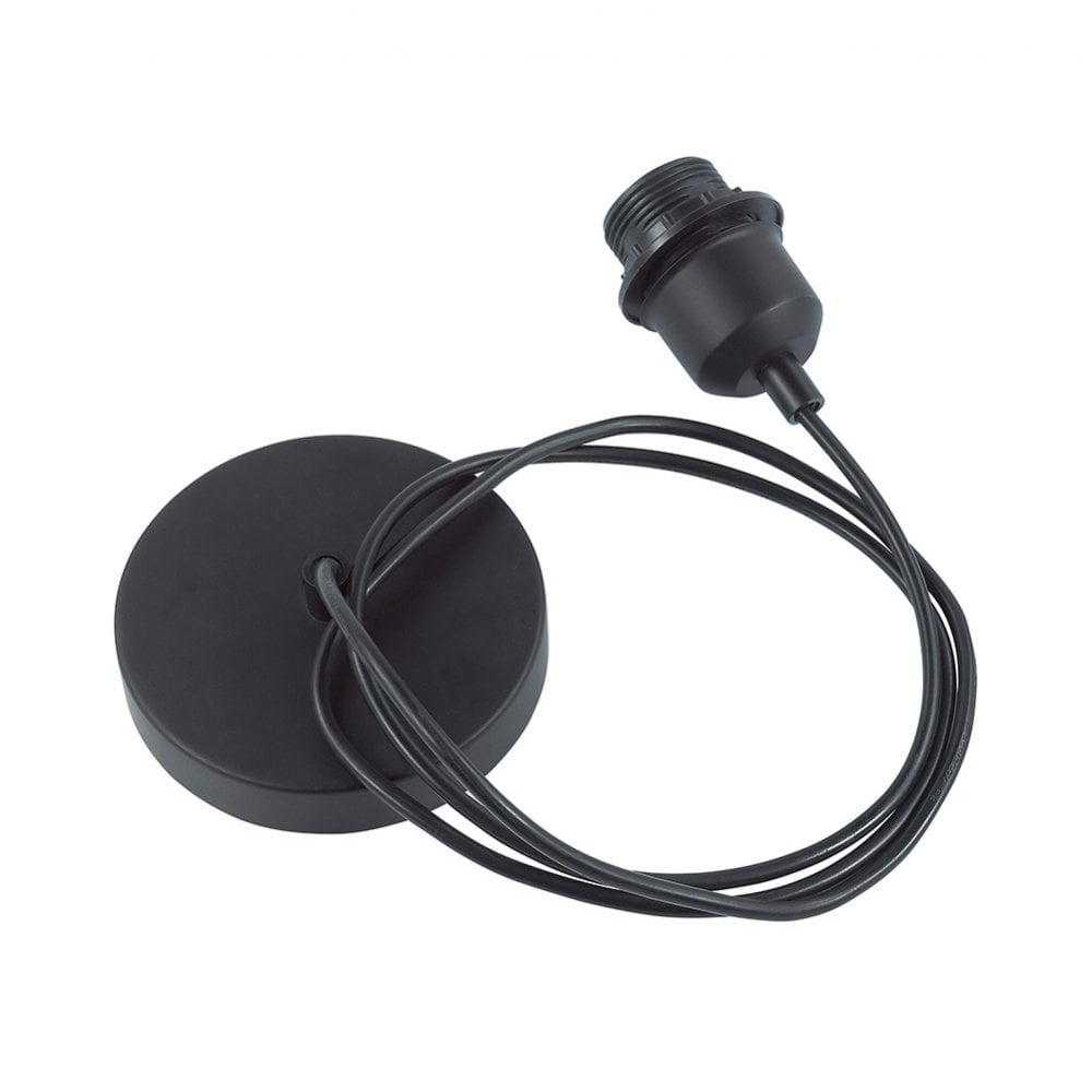 A black ceiling rose and lamp holder with an electrical cord, ready for assembly.