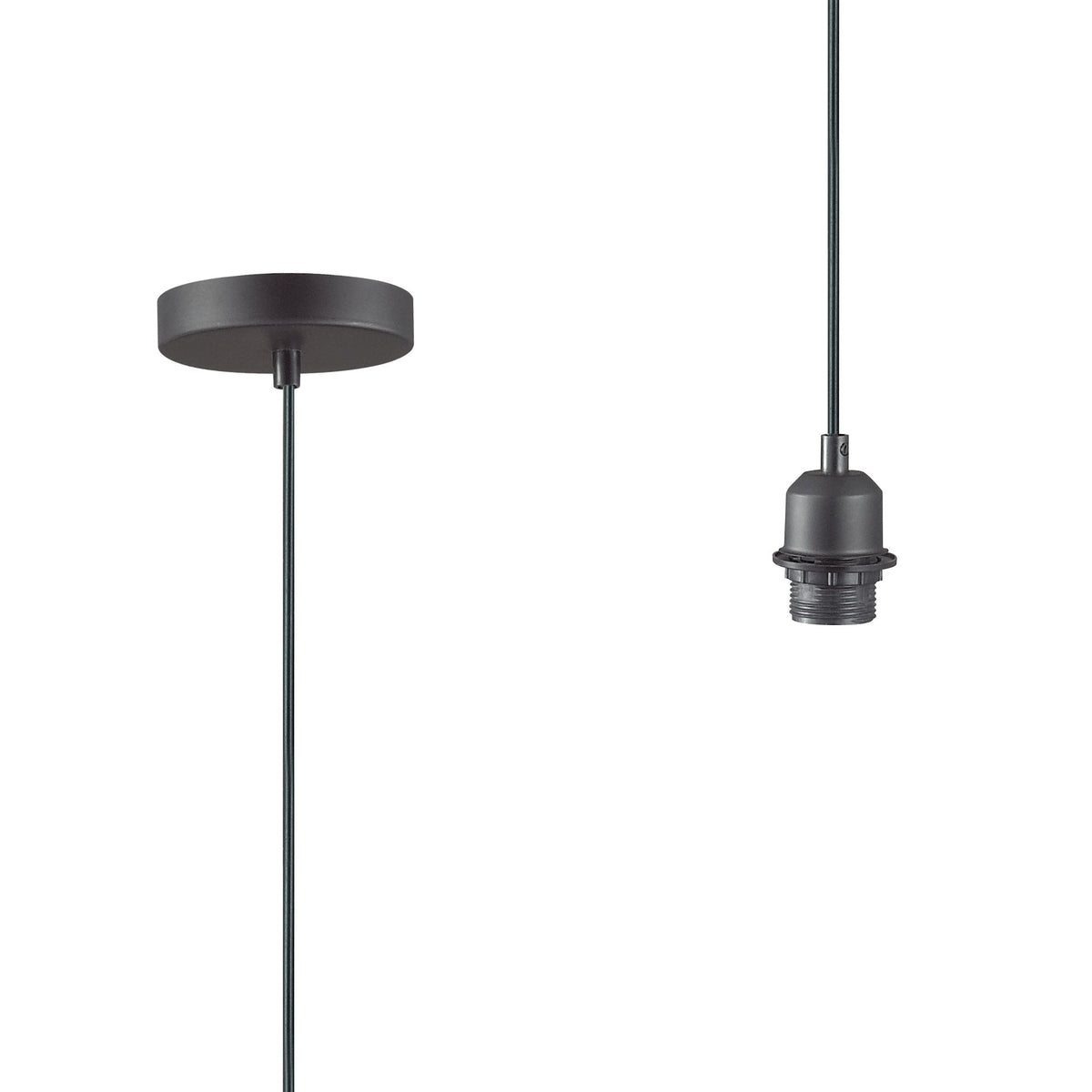Components of a pendant light: a black ceiling rose and a lamp holder with a connecting wire.