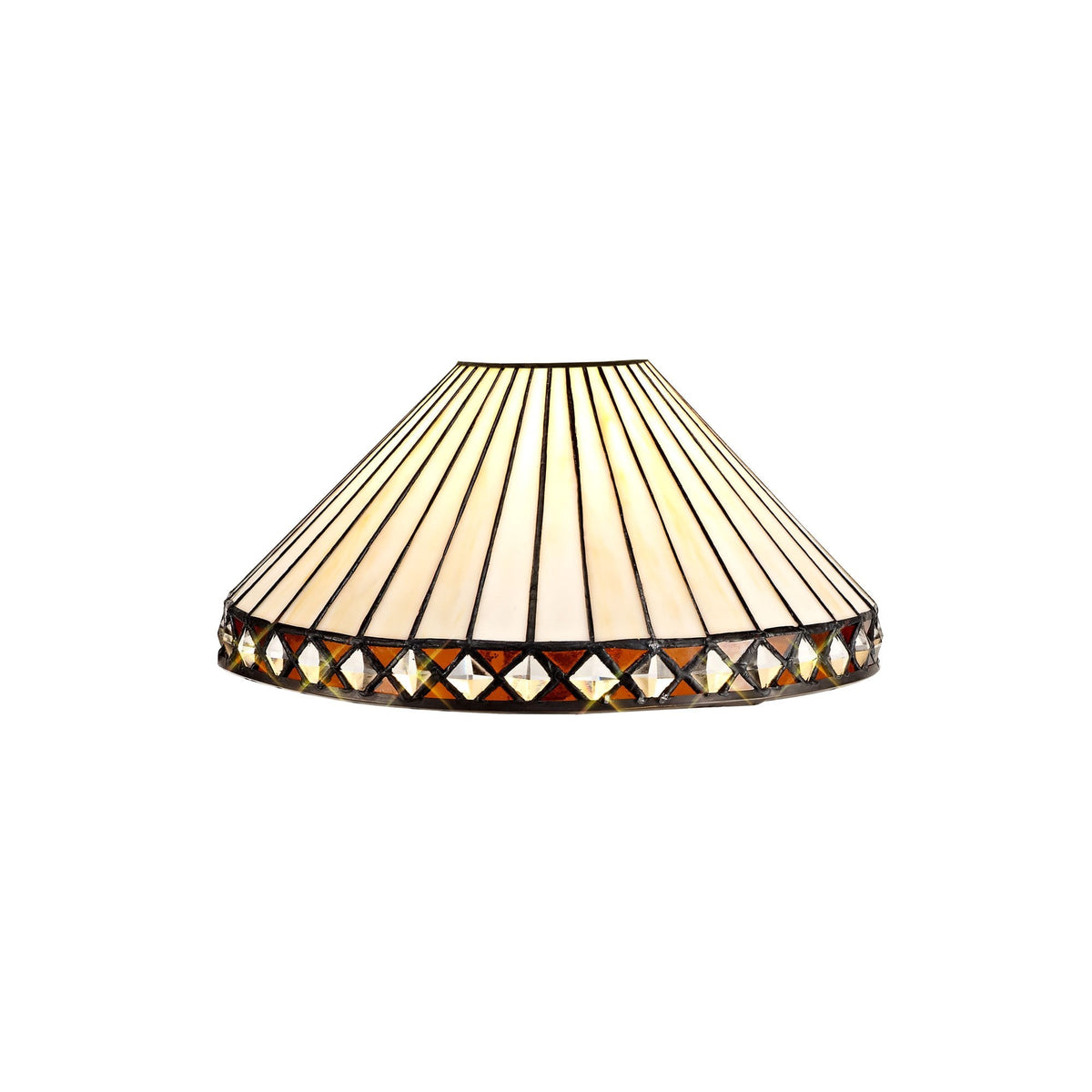 A close-up of a Tiffany-style lamp shade with ribbed white glass and diamond-patterned bronze accents.