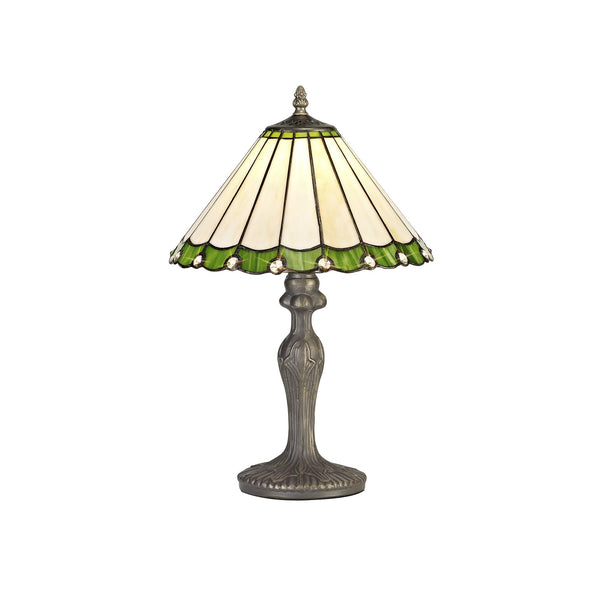 Postbridge Antique Brass Curved Table Lamp With Small Green & Cream Tiffany Shade