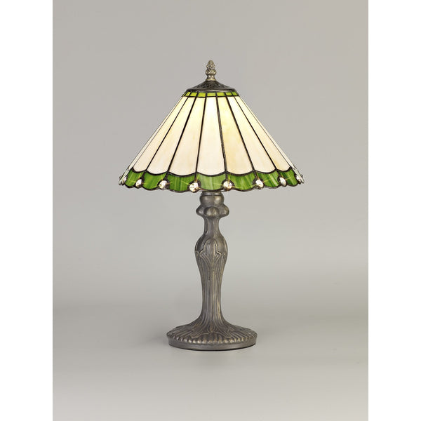 Postbridge Antique Brass Curved Table Lamp With Small Green & Cream Tiffany Shade