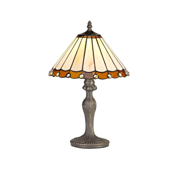 Postbridge Antique Brass Curved Table Lamp With Small Amber & Cream Tiffany Shade