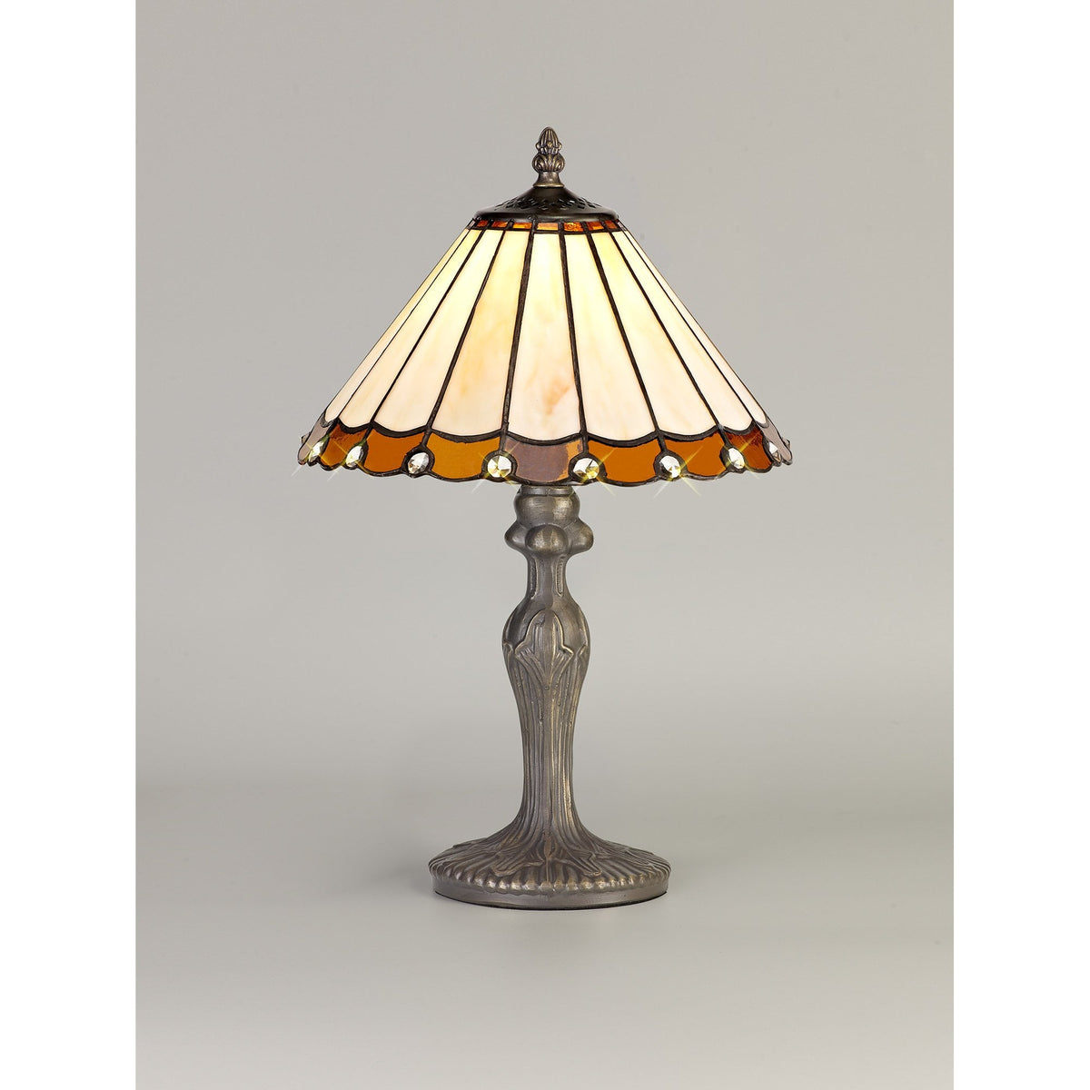 Postbridge Antique Brass Curved Table Lamp With Small Amber & Cream Tiffany Shade