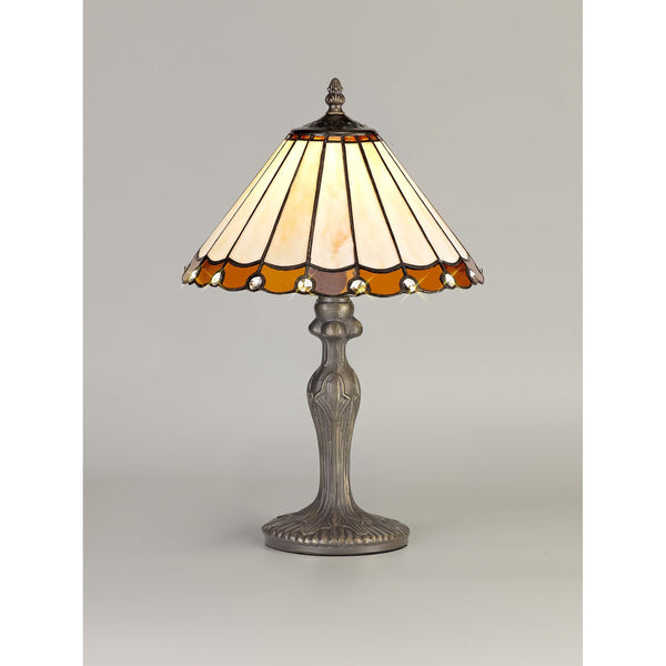 Postbridge Antique Brass Curved Table Lamp With Small Amber & Cream Tiffany Shade