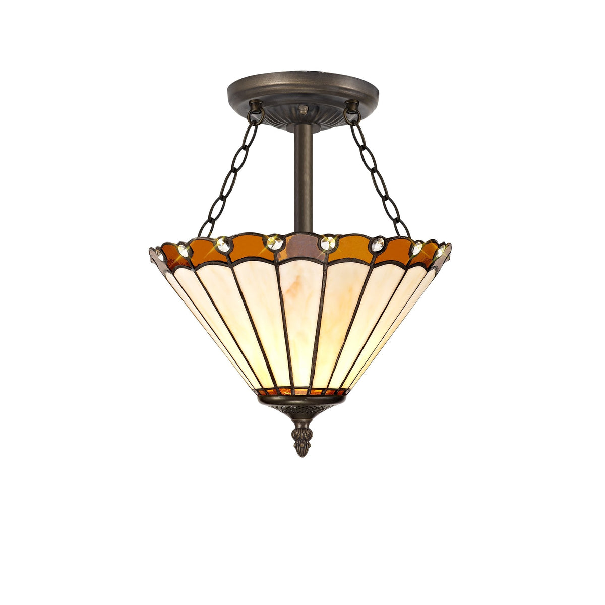 Postbridge 3 Light Semi Ceiling in Aged Antique Brass With 30cm Tiffany Amber Cream and Crystal Shade