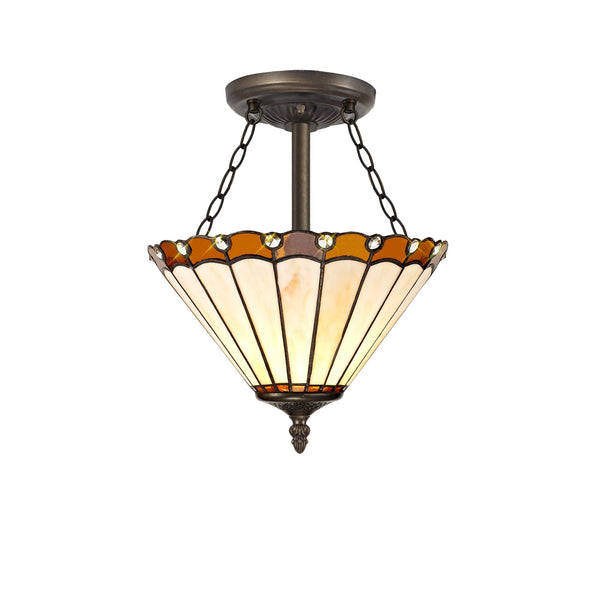 Postbridge 3 Light Semi Ceiling in Aged Antique Brass With 30cm Tiffany Amber Cream and Crystal Shade
