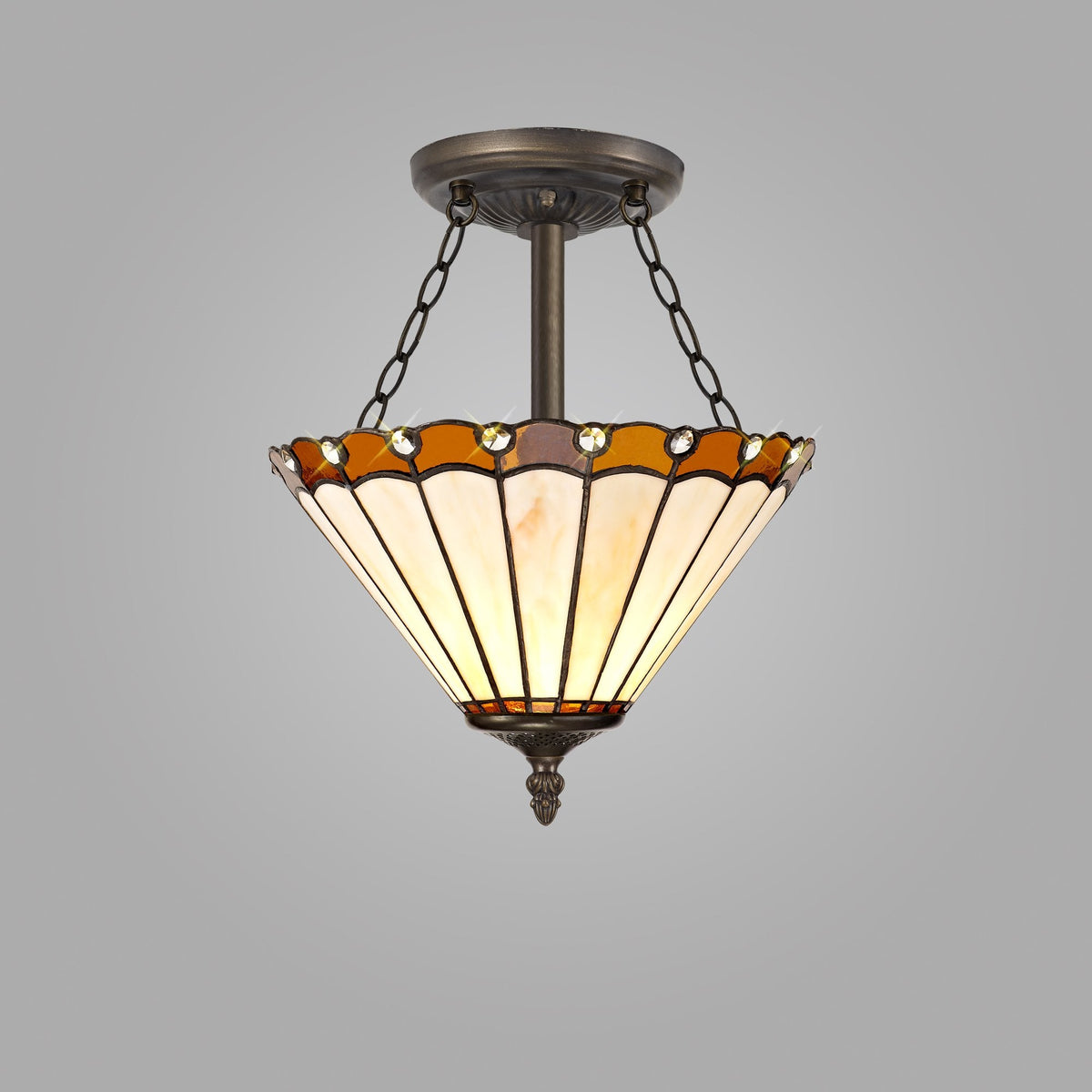 Postbridge 3 Light Semi Ceiling in Aged Antique Brass With 30cm Tiffany Amber Cream and Crystal Shade
