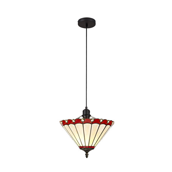 A Tiffany-style pendant lamp featuring a white and red patterned shade with crystal accents.