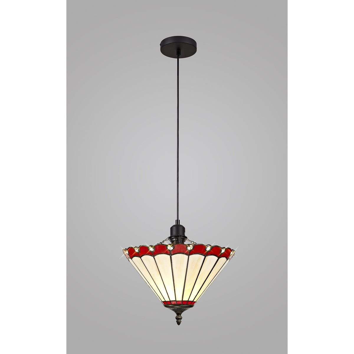 A Tiffany-style pendant lamp featuring a white and red patterned shade with crystal accents.