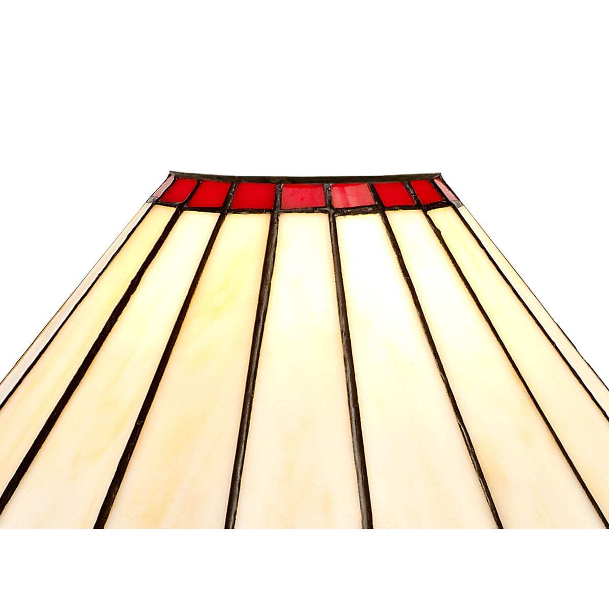 Close-up of the upper section of a Tiffany-style lamp shade, showing red and white glass.