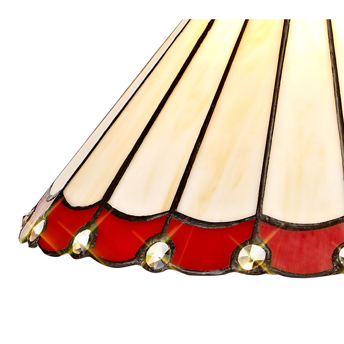 Close-up, angled view of the decorative red and crystal-studded border of a Tiffany-style shade.