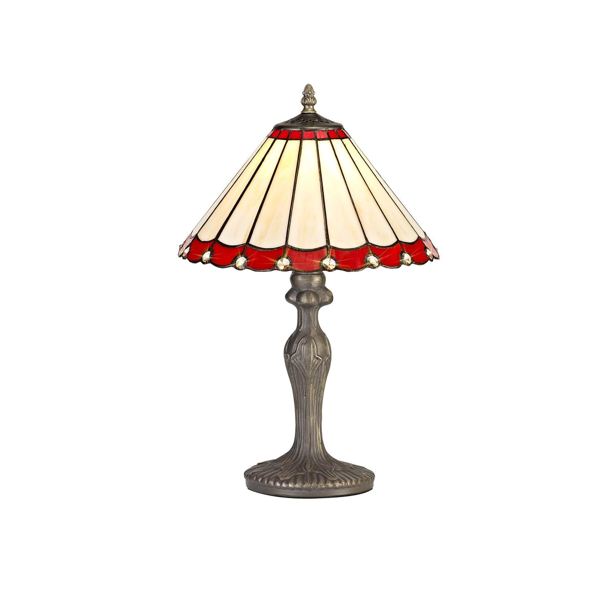 A decorative red and cream Tiffany-style table lamp with an ornate bronze base.