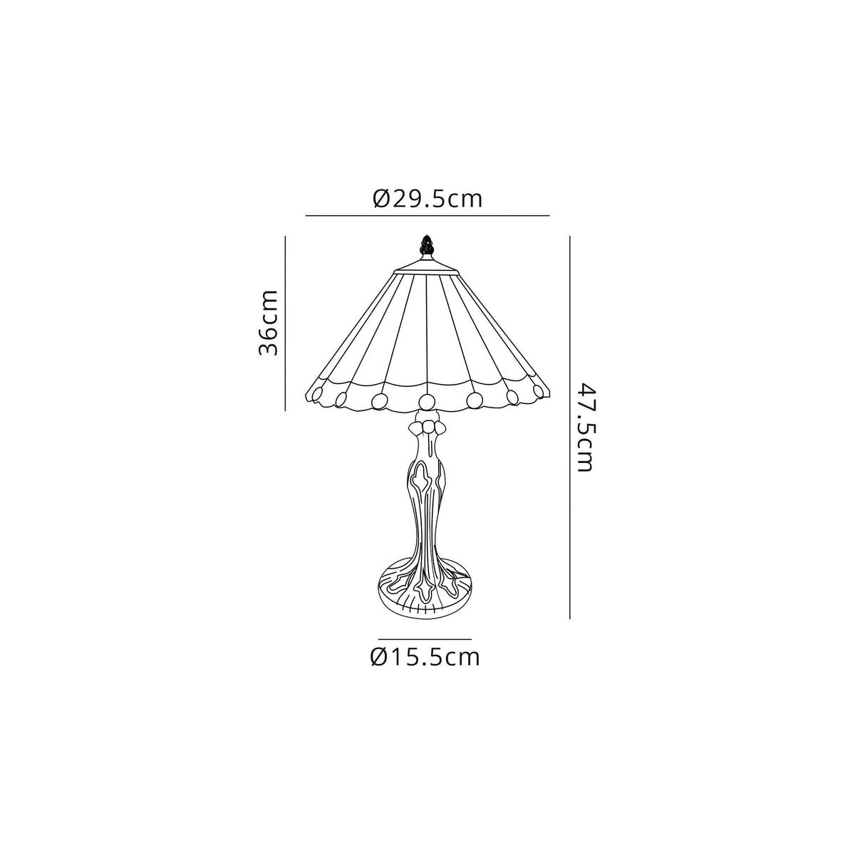 A line drawing showing the dimensions of the table lamp, including height and diameter measurements.