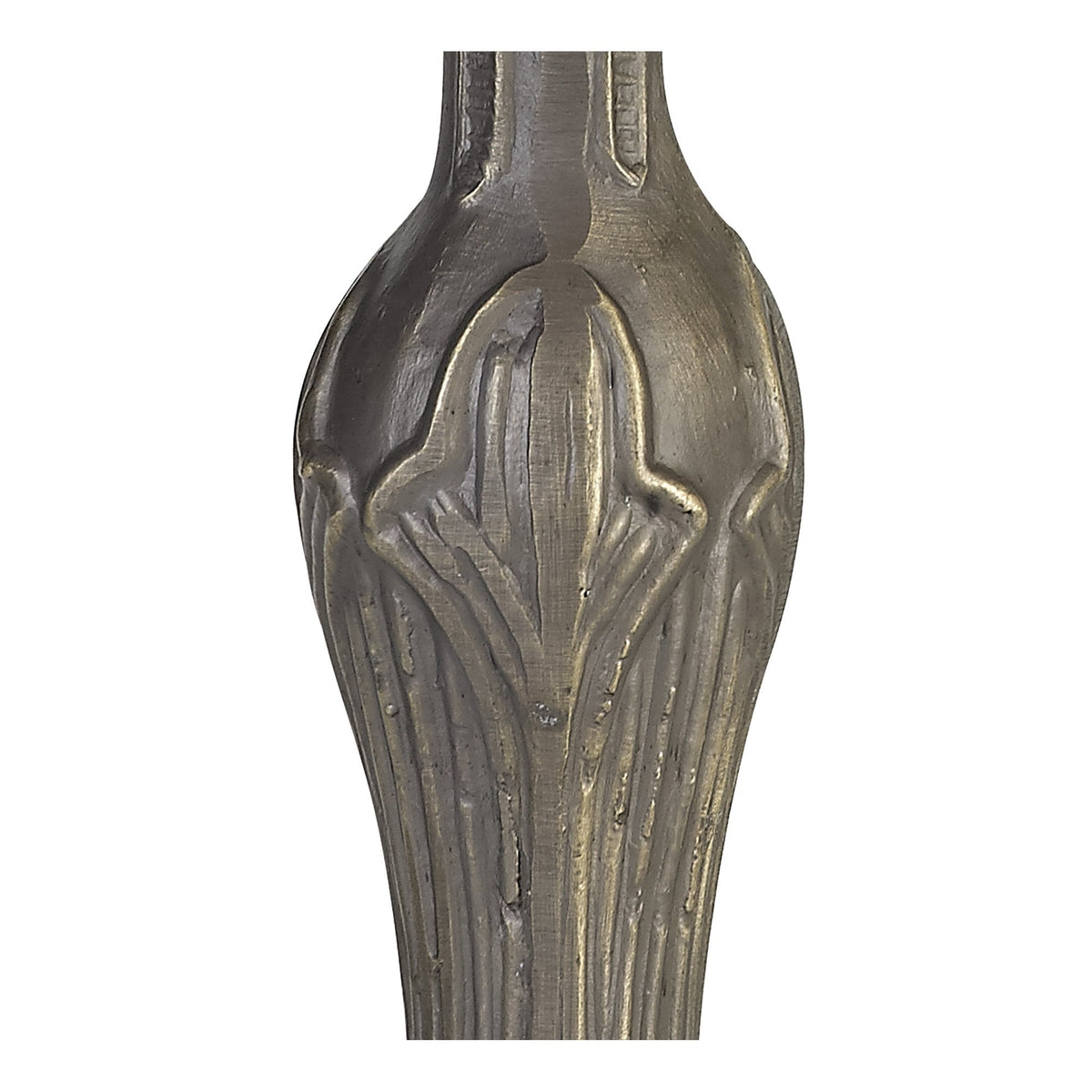 Close-up of the ornate, textured stem of the Tiffany-style table lamp in bronze.
