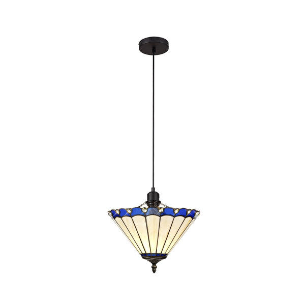 A pendant light with a white and blue stained glass shade hangs from a black cord.