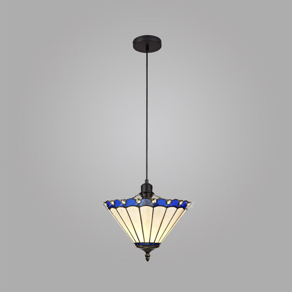 A pendant light with a white and blue stained glass shade against a grey background.