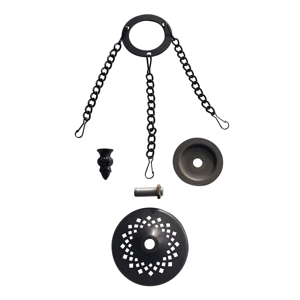 Various metal components for installing a pendant light, including chains and fixings.