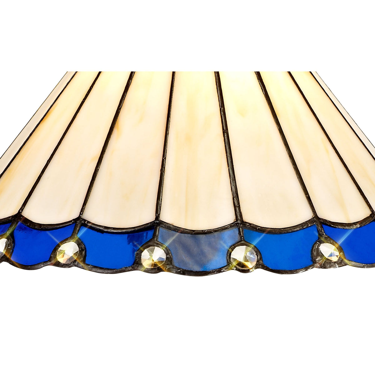 Close-up of the bottom rim of a stained glass lampshade with blue and clear accents.