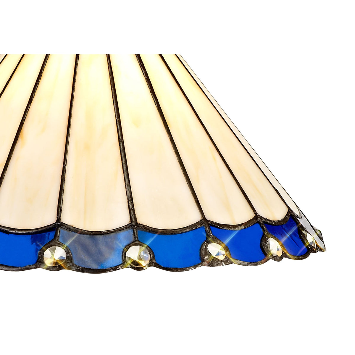 Angled close-up of the bottom of a stained glass lampshade with blue and clear details.