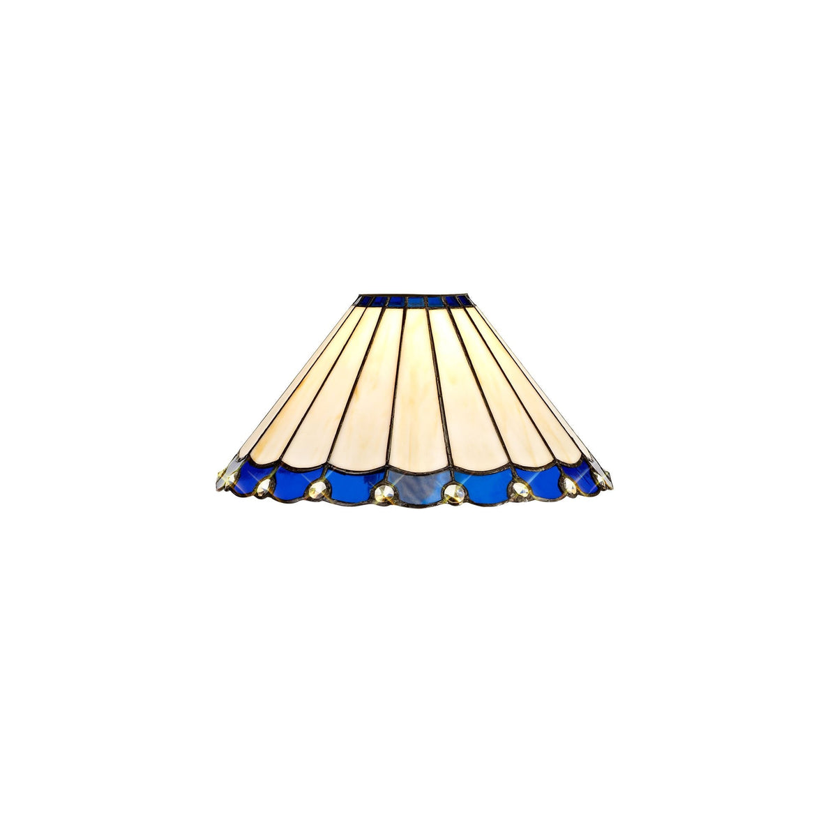 A white and blue stained glass lampshade with scalloped edges.