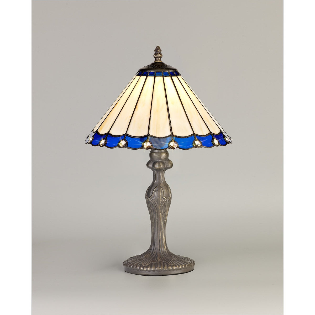 Postbridge Antique Brass Curved Table Lamp With Small Blue & Cream Tiffany Shade