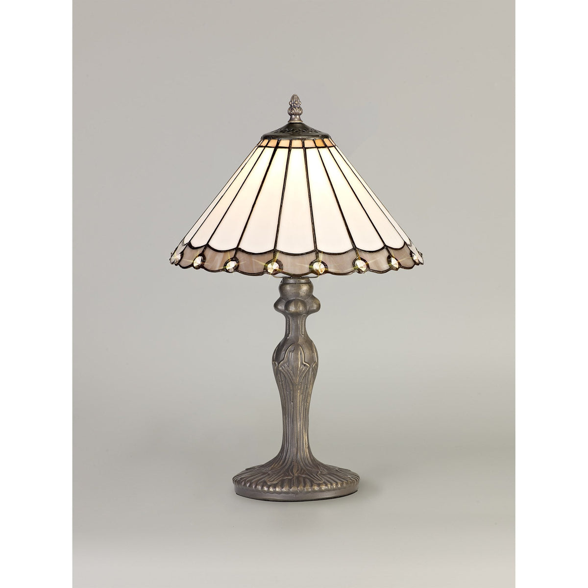 Postbridge Antique Brass Curved Table Lamp With Small Grey & Cream Tiffany Shade