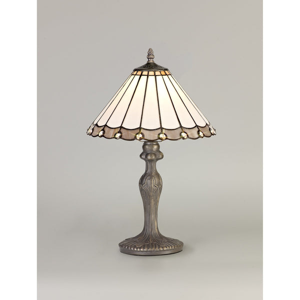 Postbridge Antique Brass Curved Table Lamp With Small Grey & Cream Tiffany Shade