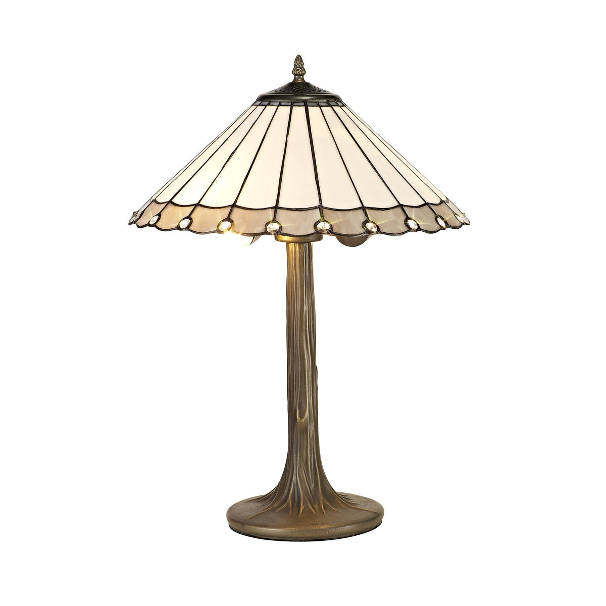 Postbridge Aged Antique Brass Tree Like Table Lamp With Large Grey & Cream Tiffany Shade
