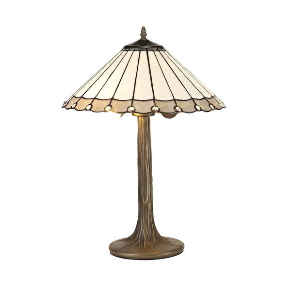 Postbridge Aged Antique Brass Tree Like Table Lamp With Large Grey & Cream Tiffany Shade