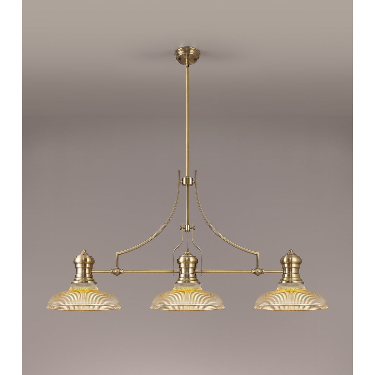 Fremington Antique Brass Linear Pendant with 300mm Amber Round Glass Shades