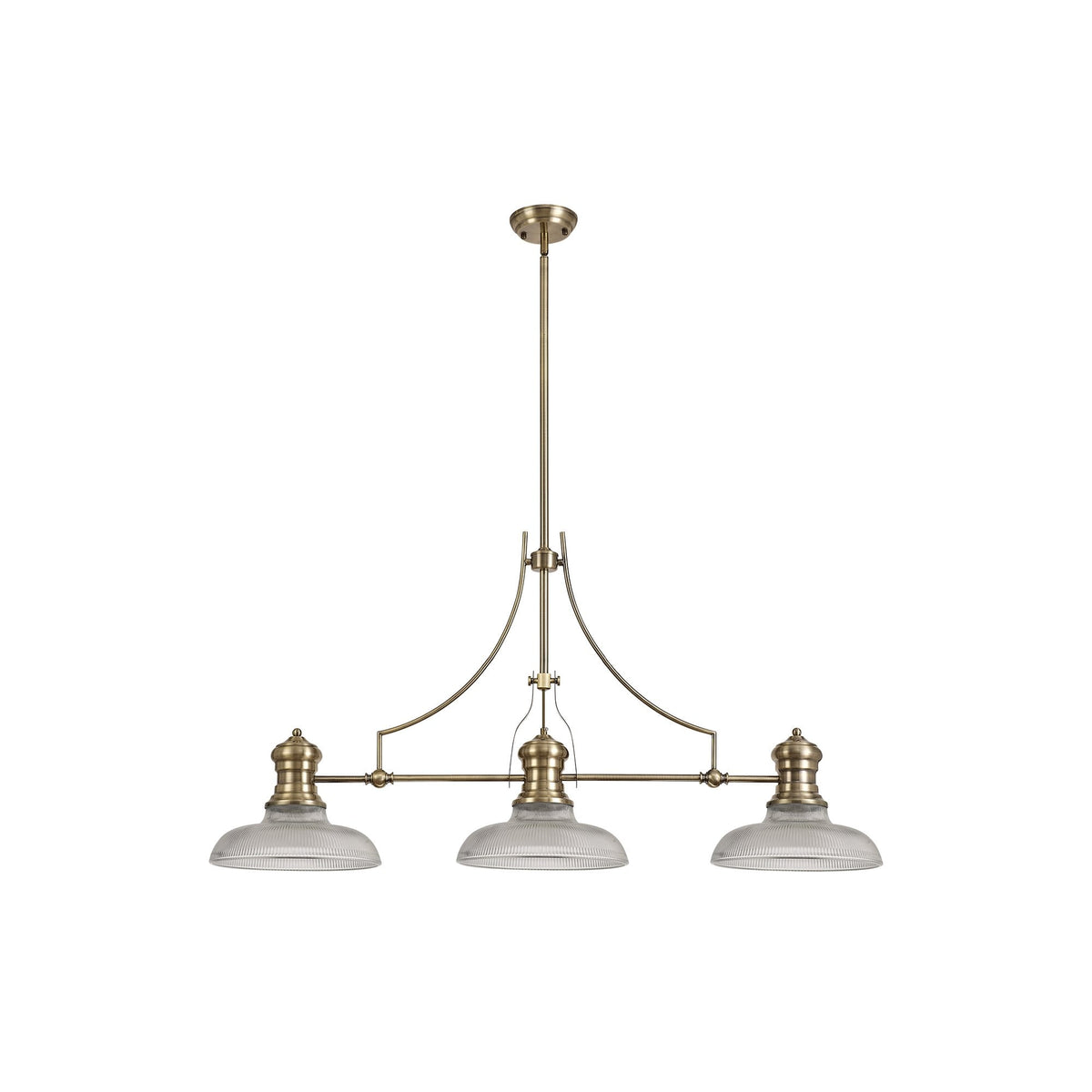 Fremington Antique Brass Linear Pendant with 300mm Clear Round Glass Shades