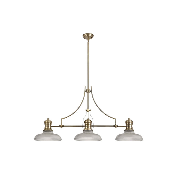 Fremington Antique Brass Linear Pendant with 300mm Clear Round Glass Shades